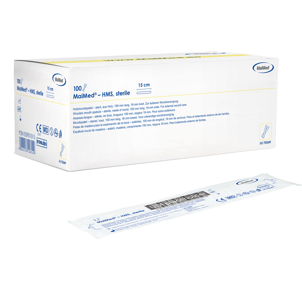 MaiMed - HMS sterile wooden mouth depressor, 15cm long, 100x1 pcs. sterile packed | Box (100 pieces)