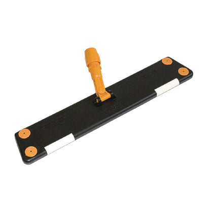 The TASKI Lamello Dust/Wet Mop 1 piece from Diversey Deutschland GmbH & Co. OHG is a black rectangular mop holder with orange accents, a central orange swivel handle, and two white strips for use with microfiber cloth.