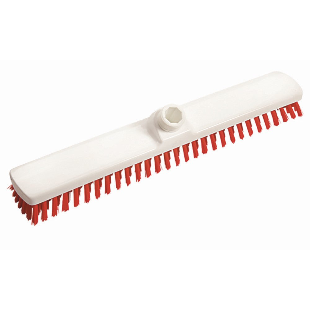 The scrub brush 400x60x26 mm, hard from Diversey Deutschland GmbH & Co. OHG is a white rectangular scrubbing brush with red hard bristles and a central angled fitting for easy handle attachment – ideal for thorough floor cleaning.