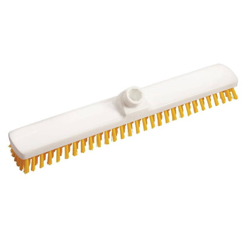 The white scrub brush 400x60x26 mm, hard from Diversey Deutschland GmbH & Co. OHG with yellow, hard bristles and a central threaded hole ensures thorough cleaning and is depicted against a white background.