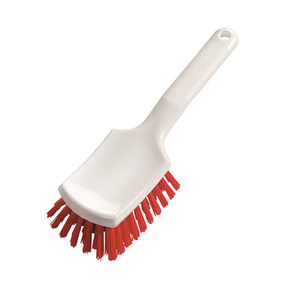 The handle brush 260 x 72 x 35 mm from Diversey Deutschland GmbH & Co. OHG features a short handle with a textured grip surface and hanging hole as well as hard red bristles and a white handle – ideal for scrubbing surfaces.