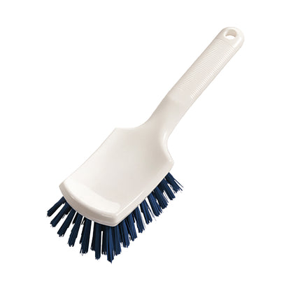 On a plain white background is a handle brush 260x72x35 mm, short handle, hard by Diversey Deutschland GmbH & Co. OHG with stiff dark blue bristles and a white plastic body depicted.