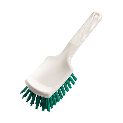A white plastic handle brush 260 x 72 x 35 mm with a textured handle, green hard bristles, and short handle by Diversey Deutschland GmbH & Co. OHG, shown at an angle so that the brush head and part of the handle are highlighted.