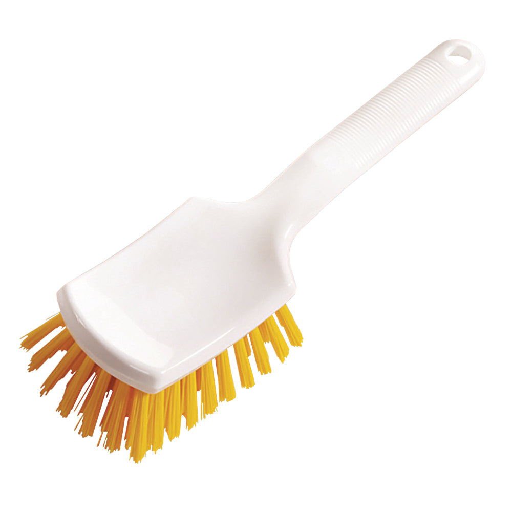 A white plastic handle brush 260x72x35 mm, short handle, hard by Diversey Deutschland GmbH & Co. OHG with stiff yellow bristles, depicted on a plain white background.