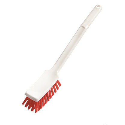 A handle brush 400x48x35 mm, hard from Diversey Deutschland GmbH & Co. OHG with a white plastic body, long handle and red hard bristles, depicted isolated on a white background.