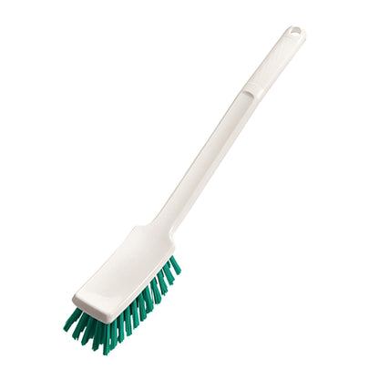 The handle brush 400x48x35 mm, hard from Diversey Deutschland GmbH & Co. OHG is a white cleaning brush made of plastic with green hard bristles, a long handle and a hanging hole, depicted on a plain white background.