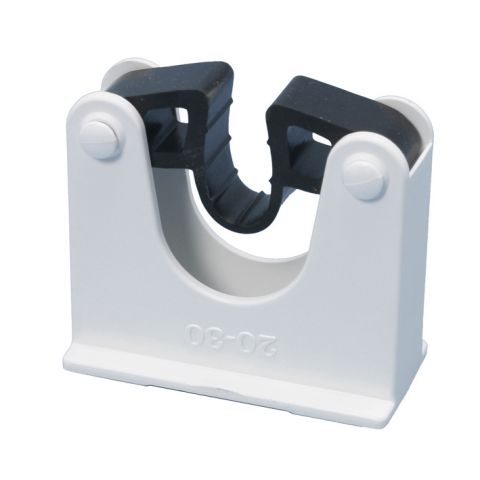 The holder for hanging rails from Diversey Deutschland GmbH & Co. OHG (package of 1 piece) is a white plastic clip with a black rubber insert for robust fastening of cylindrical objects such as pipes; flat base for easy installation.