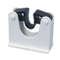 The holder for hanging rails from Diversey Deutschland GmbH & Co. OHG (package of 1 piece) is a white plastic clip with a black rubber insert for robust fastening of cylindrical objects such as pipes; flat base for easy installation.