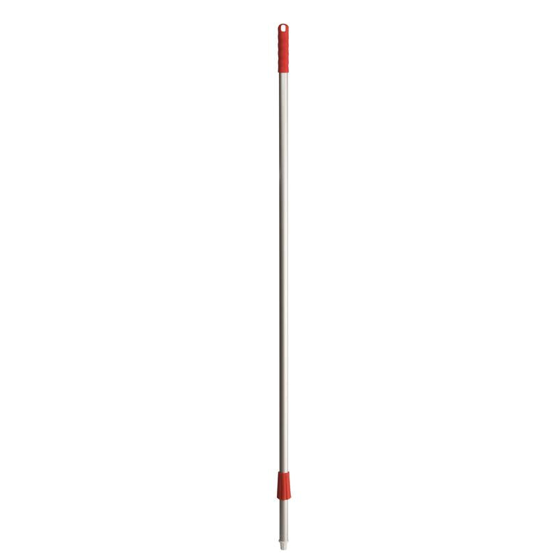 A sturdy 1450 mm long aluminum handle from Diversey Deutschland GmbH & Co. OHG with red plastic caps on both ends, ideal for brooms, scrubbers, and squeegees, stands upright against a white background.