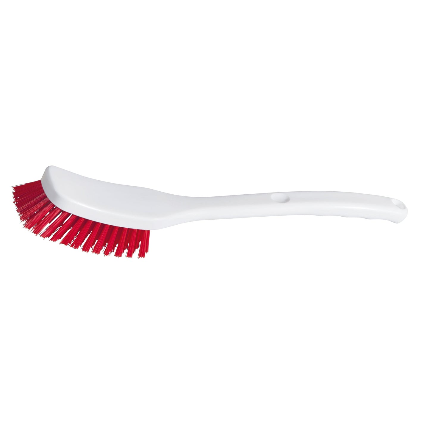 The Universal Brush - medium hardness (295 x 40 x 55 mm, 2 pieces) from Diversey Deutschland GmbH & Co. OHG is a white plastic dish brush with a curved handle and dense red bristles, ideal for cleaning all surfaces. Pictured on a plain white background.