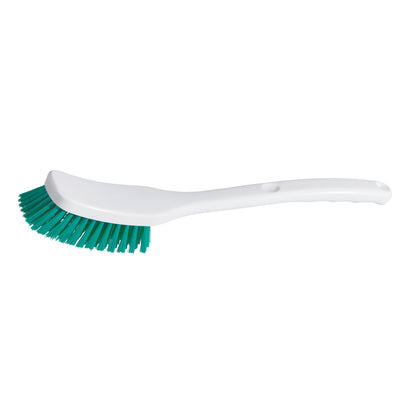 A white Universal Brush - medium hardness (295 x 40 x 55 mm) made of plastic from Diversey Deutschland GmbH & Co. OHG, with a long handle and green bristles, lies horizontally on a plain white surface. Ideal for cleaning all surfaces. Set of 2 pieces.