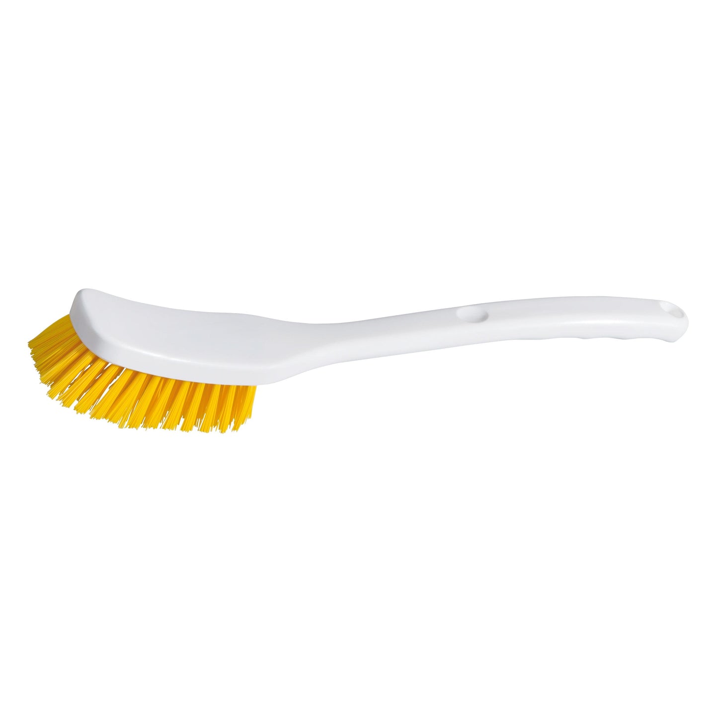 The Universal Brush - medium hardness (295 x 40 x 55 mm, 2 pieces) from Diversey Deutschland GmbH & Co. OHG features a white plastic body, a curved handle, and yellow bristles - ideal for cleaning all surfaces; pictured on a plain white background.