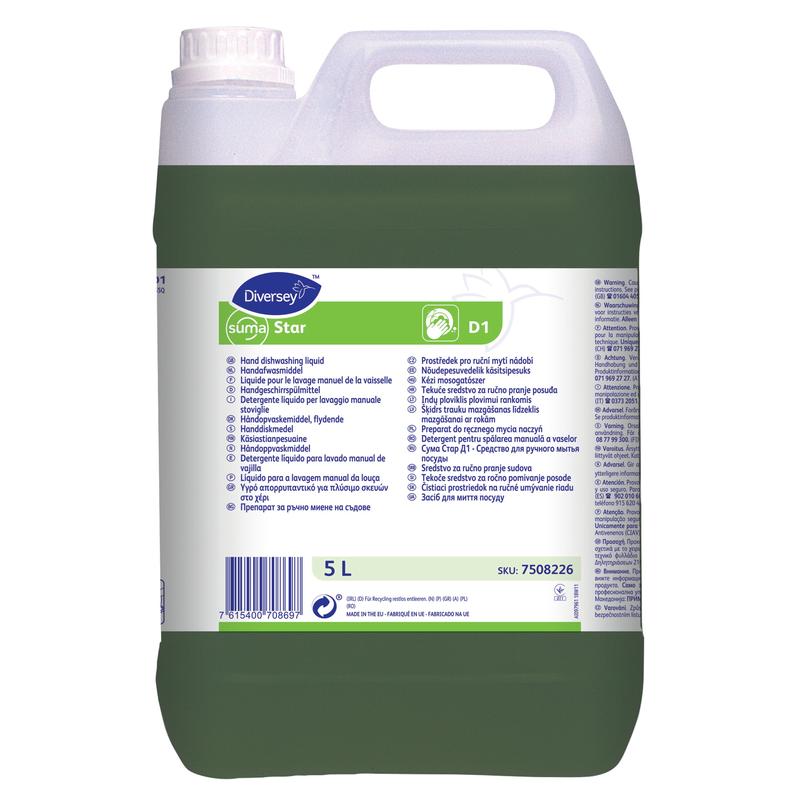 A 5-liter container of Suma Star D1, liquid neutral manual dishwashing detergent from Diversey Deutschland GmbH & Co. OHG features a white cap, a multilingual label, and a green liquid for thorough manual dishwashing.