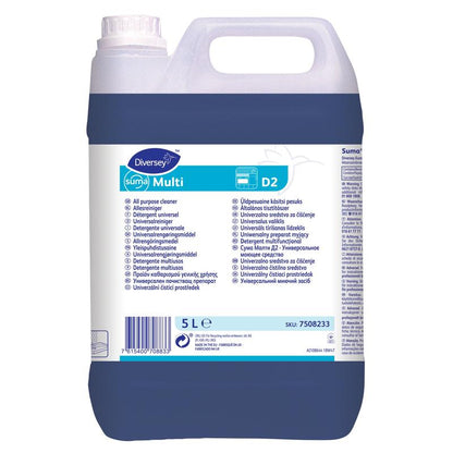A 5-liter plastic container from Diversey Deutschland GmbH & Co. OHG Suma Multi D2 universal cleaner (aluminum-safe) with blue liquid and a blue-white multilingual label for professional cleaning.