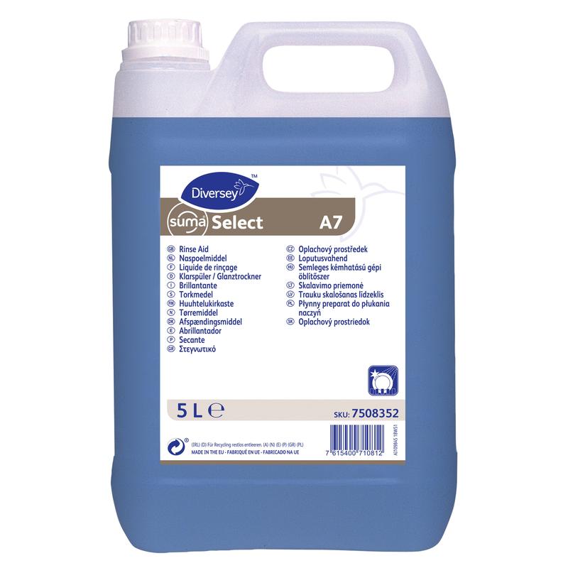 A 5-liter plastic container with blue Suma Select A7 Neutral Rinse Aid from Diversey Deutschland GmbH & Co. OHG, ideal for commercial dishwashers, reduces lime deposits; the front label contains product details and instructions.
