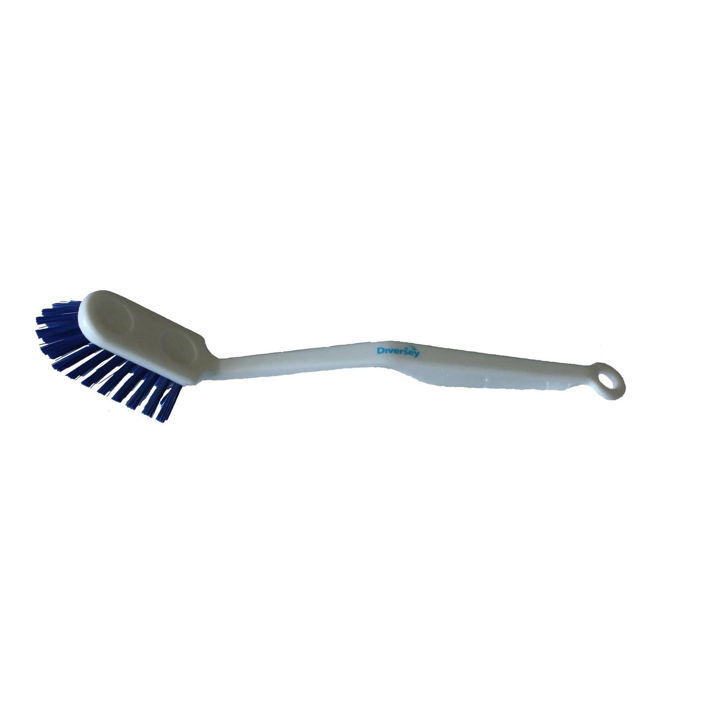 The medium dish brush (285 x 33 x 20 mm) from Diversey Deutschland GmbH & Co. OHG with white plastic, blue bristles, and a handle hole - perfect for cleaning dishes and ideal for any kitchen.