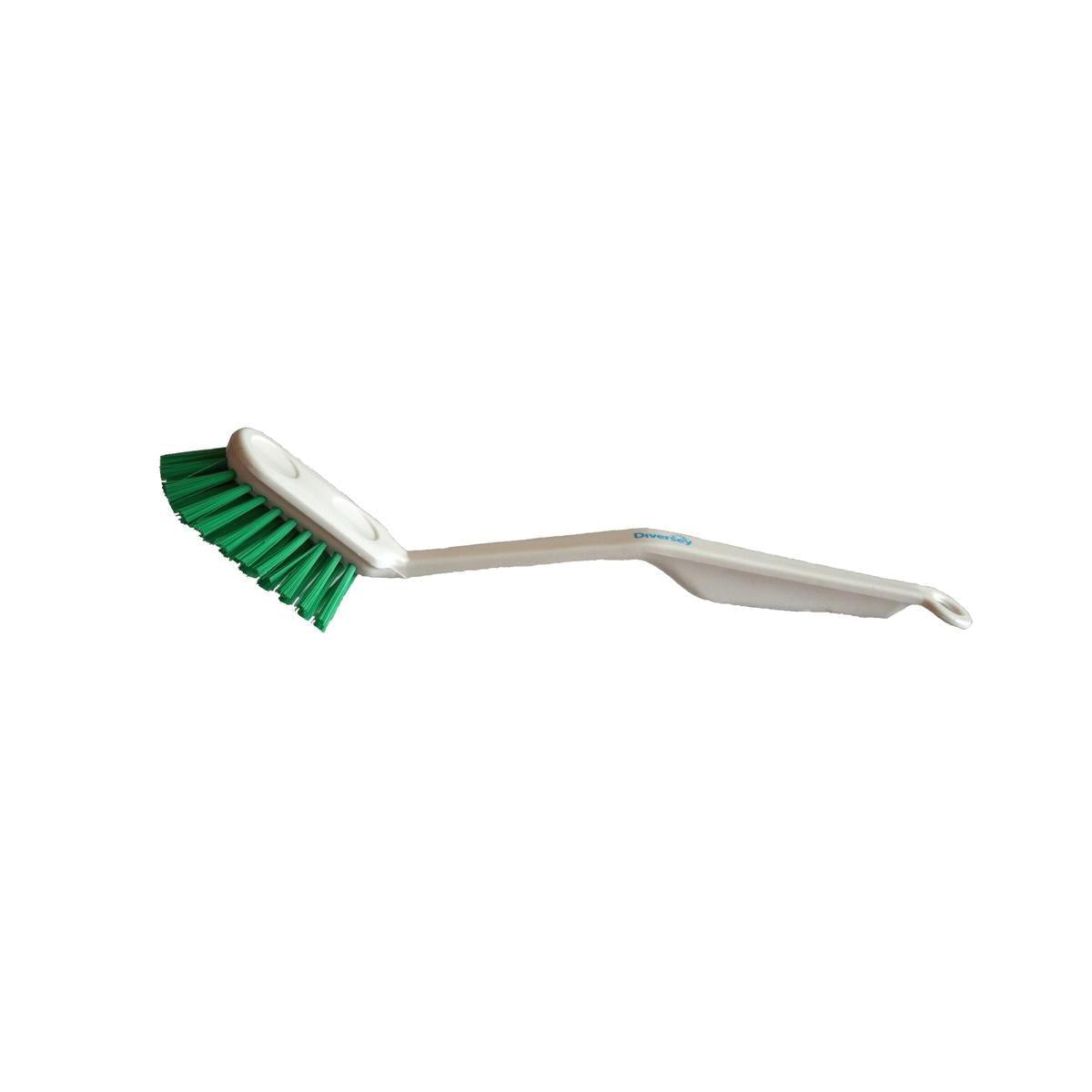 The medium dish brush (285 x 33 x 20 mm) from Diversey Deutschland GmbH & Co. OHG has a white plastic body, green bristles, and a curved handle - ideal for cleaning dishes in the kitchen, depicted on a simple white background.