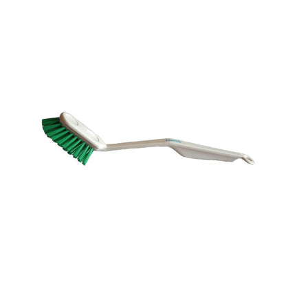 The medium dish brush (285 x 33 x 20 mm) from Diversey Deutschland GmbH & Co. OHG has a white plastic body, green bristles, and a curved handle - ideal for cleaning dishes in the kitchen, depicted on a simple white background.