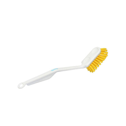 The medium dish brush (285 x 33 x 20 mm) from Diversey Deutschland GmbH & Co. OHG is white, has a long handle with a hanging hole, and yellow bristles - ideal for daily use. Made of plastic.