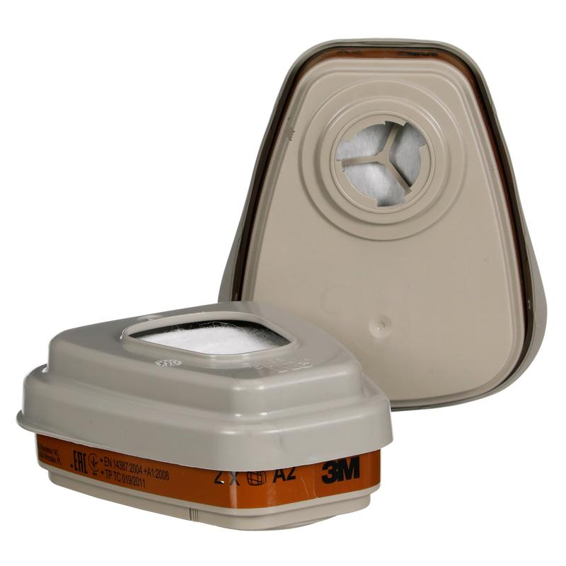 Two beige 3M™ Filter Set 6002-1, A2P2 organic vapors (3M Deutschland GmbH), one upright with ventilation, the other flat with label and filter; contains 2x6055, 2x5925, 2x501 (package, 1 piece).