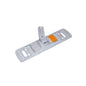 The TASKI Multi Mop Holder 1 piece (40 cm) from Diversey Deutschland GmbH & Co. OHG features a light gray, rectangular plastic head with an adjustable swivel joint and orange button for effective cleaning and easy handling, depicted on a white background.