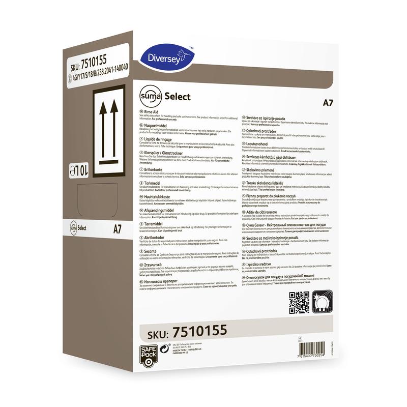 A rectangular box labeled “Suma Select A7 – Neutral Rinse Aid” from Diversey Deutschland GmbH & Co. OHG with product details, usage instructions, safety symbols, barcode, multilingual information, and SKU 7510155.