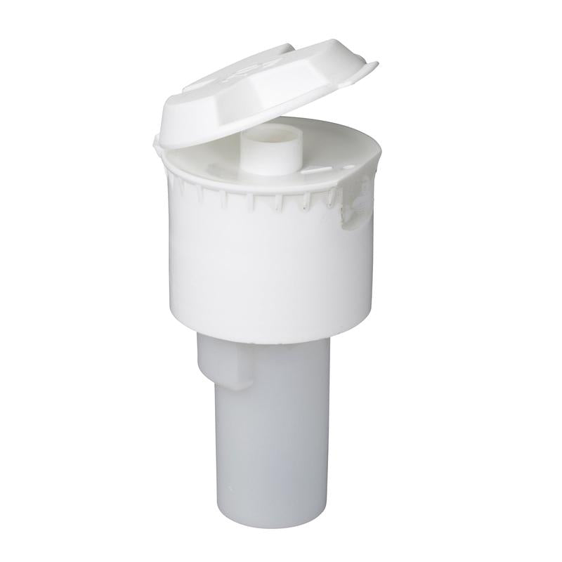 The dosing cap, 20ml white from Diversey Deutschland GmbH & Co. OHG is a white plastic dosing cap with flip-top for 2L bottles and 1L EXACT dosing bottles, here partially opened with inner nozzle. Functional design, sold as a carton (6 packs) on a white background.