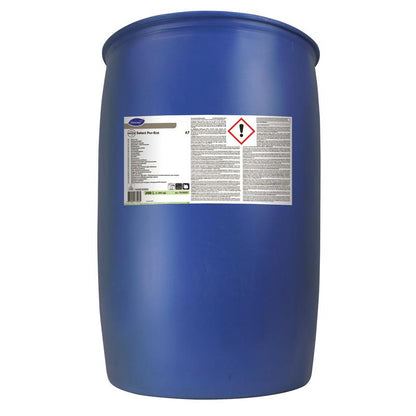 A large blue plastic drum with safety instructions and a red hazard symbol contains Suma Select Pur-Eco A7 Rinse Aid from Diversey Deutschland GmbH & Co. OHG, photographed upright against a white background.