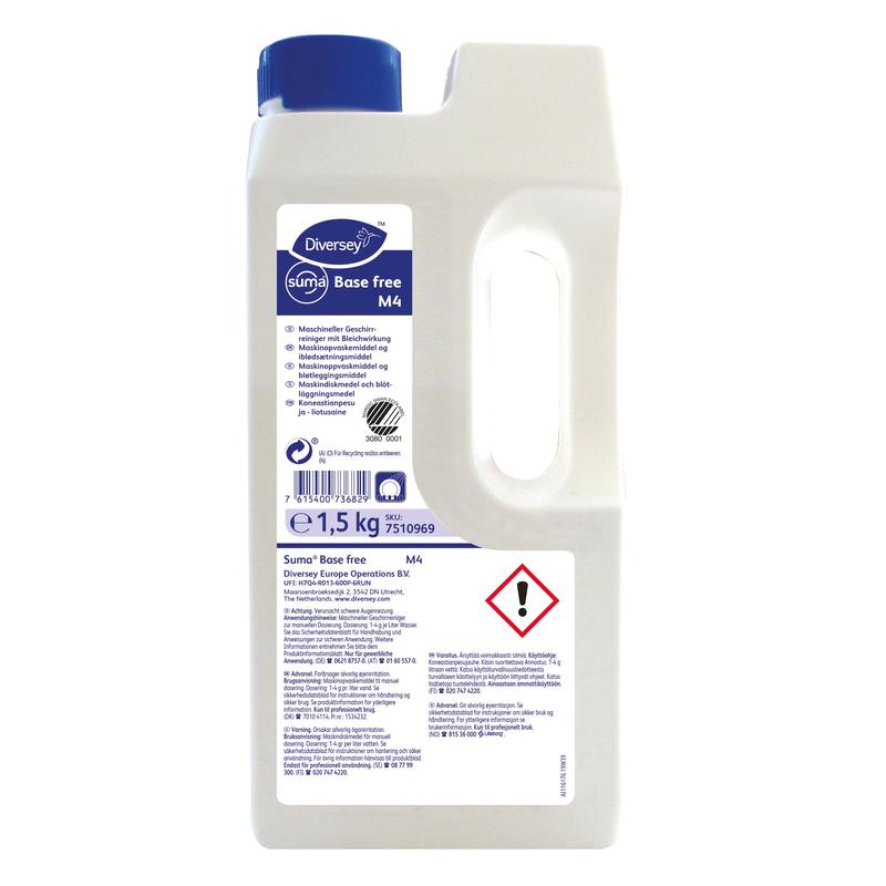 A 1.5 kg plastic bottle of Suma Base free M4 dishwashing detergent with bleaching effect through active oxygen from Diversey, with a blue cap, handle, warning symbol, and a front label with product and safety information.