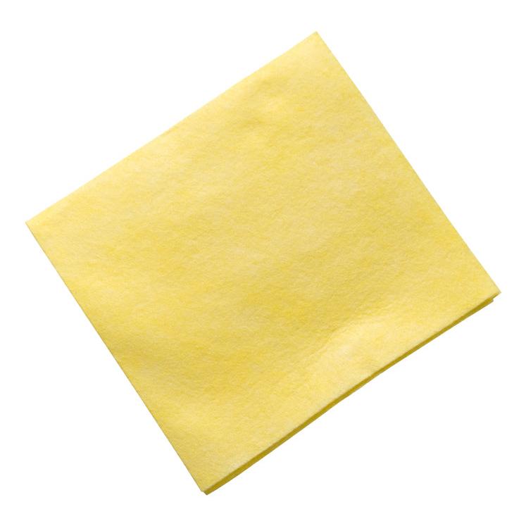 A single yellow TASKI Allegro Light surface cloth from Diversey Deutschland GmbH & Co. OHG is folded diagonally and stands on a white background.
