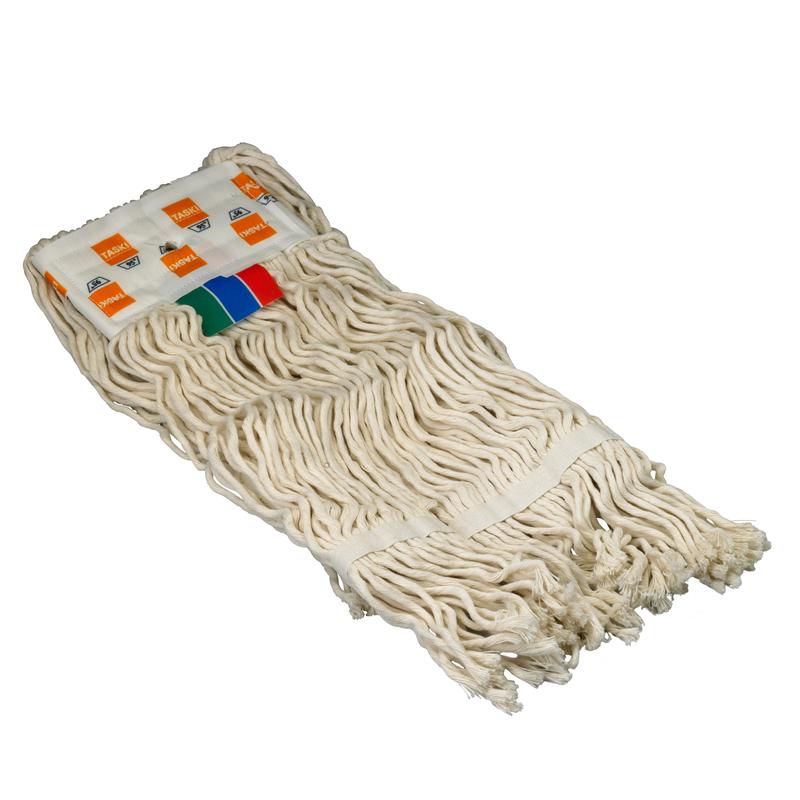 The TASKI Duo Mop Fringes (300 g) from Diversey Germany have absorbent 100% cotton fringes with band reinforcement, colored labels, are washable up to 95°C and ideal for TASKI Duo Mop systems. Box with 2 packs.