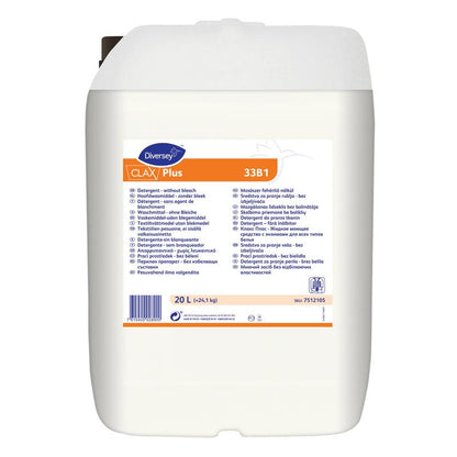 A white 20-liter plastic container with Clax Plus 33B1 Liquid Detergent without Bleach from Diversey Deutschland GmbH & Co. OHG, ideal for commercial laundries, with a blue-orange label in multiple languages.