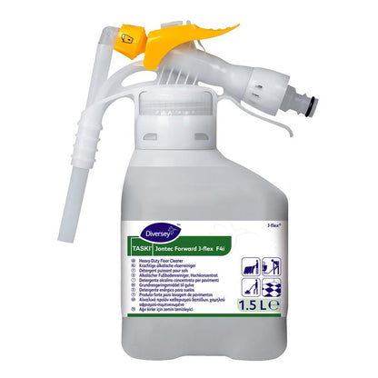 A 1.5-liter bottle of TASKI Jontec Forward floor cleaner concentrate from Diversey Deutschland GmbH & Co. OHG with a yellow-white spray nozzle – an effective solution for cleaning floors and surfaces in demanding environments.