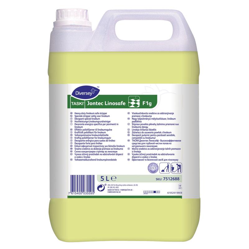 A 5L canister of Diversey TASKI Jontec Linosafe, high-performance linoleum base cleaner (1st step of the Linosecure system) from Diversey Deutschland GmbH & Co. OHG, has a white cap and a white handle as well as a multilingual label with information and symbols.
