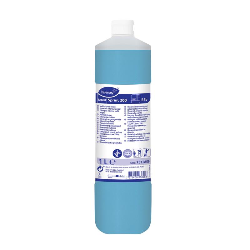 A 1-liter bottle of TASKI Sprint 200 alcohol-based maintenance cleaner from Diversey Deutschland GmbH & Co. OHG contains a blue liquid and a white label with instructions for use, product information, and safety symbols for hygienic floor cleaning.
