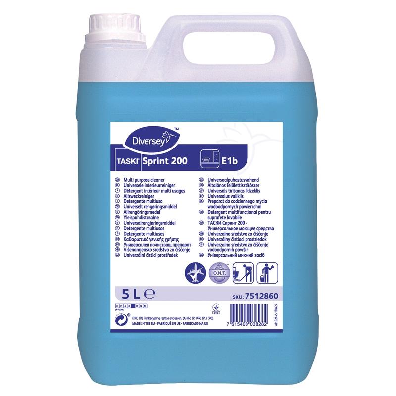 A 5-liter bottle of TASKI Sprint 200 alcohol-based maintenance cleaner from Diversey Deutschland GmbH & Co. OHG with blue liquid and white cap contains a label with application instructions for effective and hygienic floor cleaning.