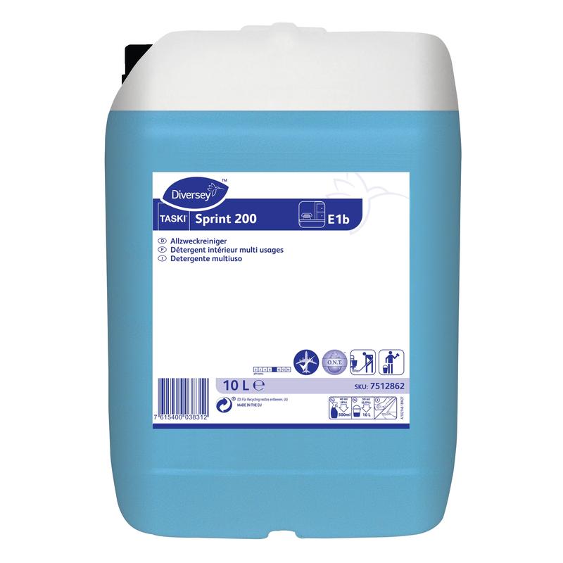 A 10-liter plastic container with TASKI Sprint 200 alcohol-based maintenance cleaner from Diversey Deutschland GmbH & Co. OHG, with blue liquid, product labels with cleaning symbols, and safety instructions on the front for effective floor hygiene.