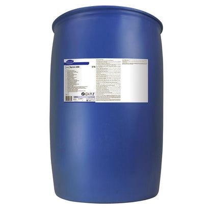 On a plain white background stands upright a large blue plastic drum of TASKI Sprint 200 alcohol-based maintenance cleaner from Diversey Deutschland GmbH & Co. OHG with a white label, ideal for effective cleaning and a hygienically clean floor.