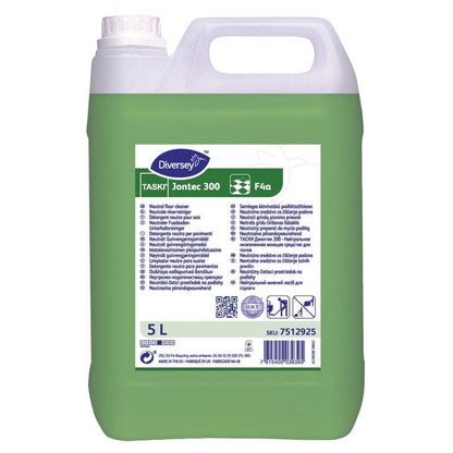 A 5-liter plastic container with TASKI Jontec 300 Neutral Floor Maintenance Cleaner from Diversey Deutschland GmbH & Co. OHG, ideal for water-resistant surfaces. The green liquid, front label, instructions, and barcode are clearly visible.