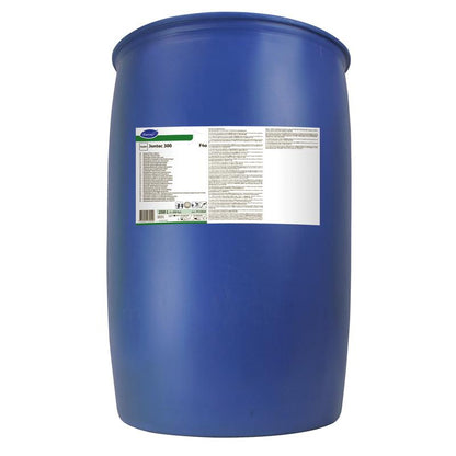 A large blue plastic barrel with TASKI Jontec 300 Neutral Floor Maintenance Cleaner from Diversey Deutschland GmbH & Co. OHG stands upright, the white label is visible. Ideal for water-resistant surfaces, it ensures a streak-free shine. Simple white background.