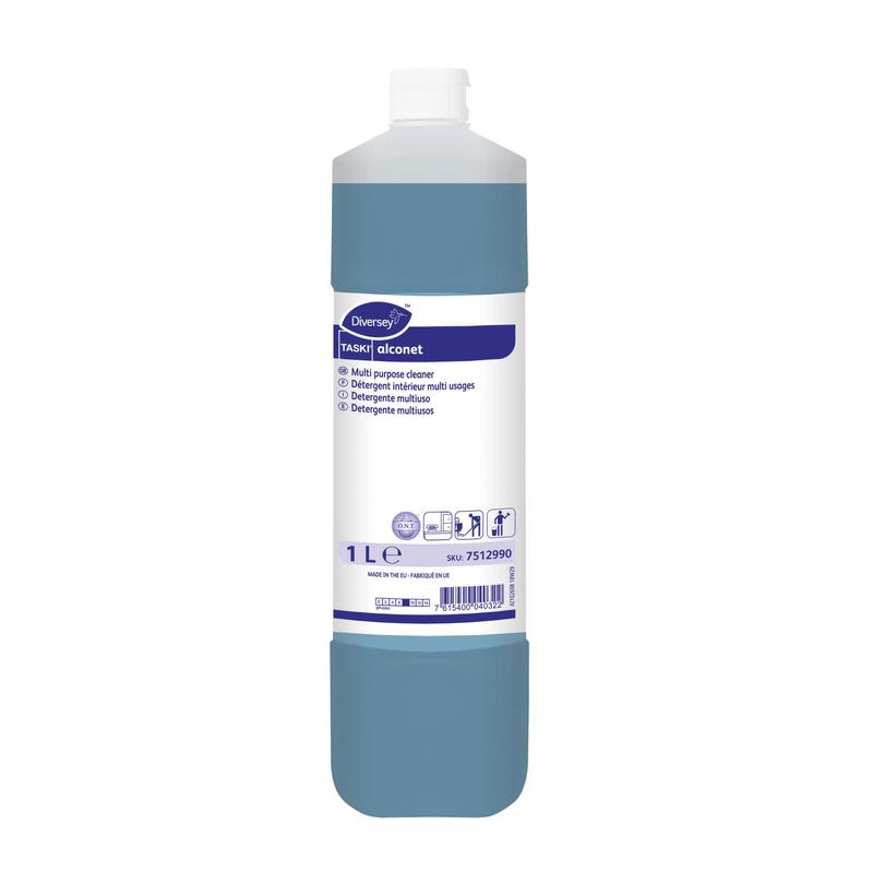 A 1-liter bottle of the blue TASKI Alconet multipurpose cleaner from Diversey Deutschland GmbH & Co. OHG. The label contains multilingual application instructions and highlights the versatile and powerful cleaning performance of this product.
