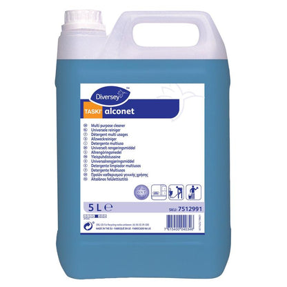 A 5-liter container of TASKI Alconet multipurpose cleaner from Diversey Deutschland GmbH & Co. OHG with blue liquid and a white label featuring multilingual product details, symbols, and a barcode.