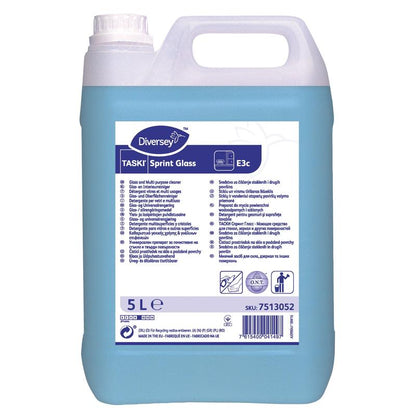 A 5-liter container of TASKI Sprint Glass glass and surface cleaner from Diversey Deutschland GmbH & Co. OHG, a blue cleaner for streak-free surfaces, comes with a label containing product details, instructions for use, and a barcode.