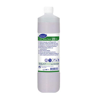 A 1-liter bottle of TASKI Jontec Tensol floor care cleaner from Diversey Deutschland GmbH & Co. OHG features a white cap, a multilingual label in white, blue, and green, and contains a light purple liquid for effective floor cleaning.