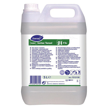 A 5-liter plastic container of TASKI Jontec Tensol floor care cleaner from Diversey Deutschland GmbH & Co. OHG with a white screw cap and a green-white label with multilingual instructions for effective floor cleaning.