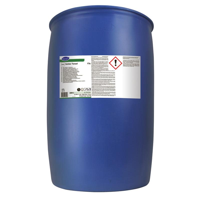 A large blue plastic drum with a white label and hazard symbols indicates that it contains TASKI Jontec Tensol floor care cleaner from Diversey Deutschland GmbH & Co. OHG for floor cleaning.