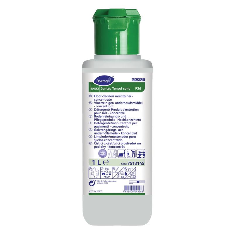 A 1-liter white bottle of TASKI Jontec Tensol high-concentrate cleaner from Diversey Deutschland GmbH & Co. OHG, a concentrated floor cleaner with a green cap and multilingual instructions on the front label.