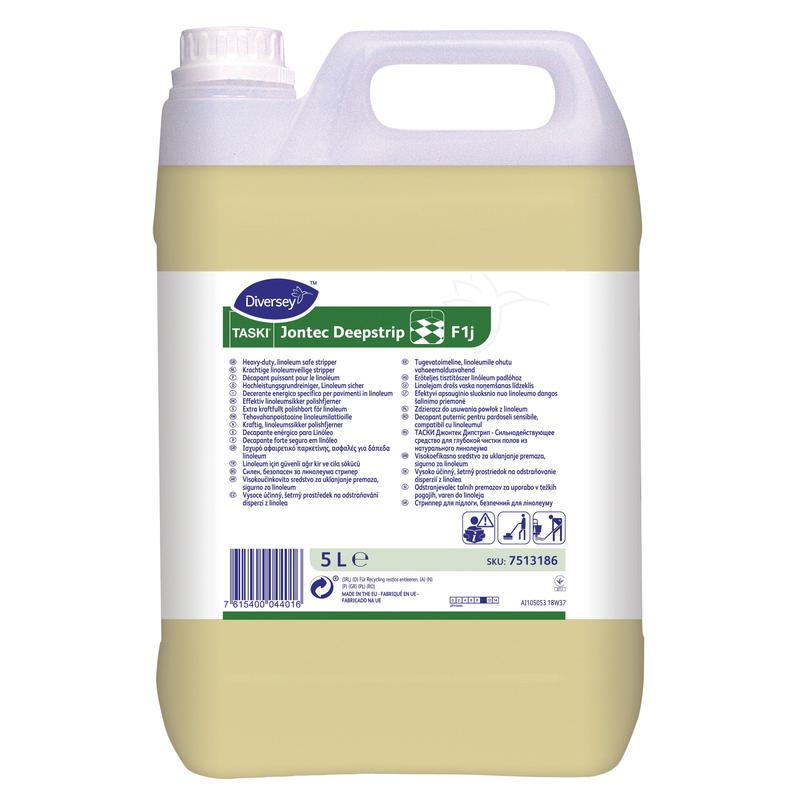 A 5-liter canister of Diversey TASKI Jontec Deepstrip, a powerful solvent-based cleaner for linoleum floors, from Diversey Deutschland GmbH & Co. OHG, with handle and screw cap, white-green label in various languages.