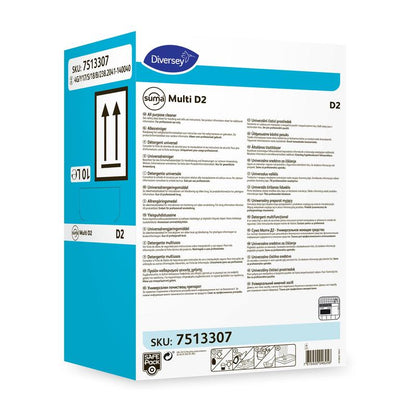 A white-blue box with the inscription "Suma Multi D2, universal cleaner, aluminum-safe" from Diversey Deutschland GmbH & Co. OHG (SKU 7513307), with multilingual instructions as well as hazard and recycling symbols on the front.