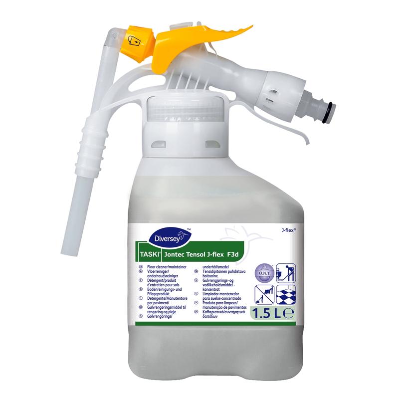A 1.5-liter container made of white plastic with TASKI Jontec Tensol high-concentrate cleaner from Diversey Deutschland GmbH & Co. OHG, with a yellow spray nozzle and a label with product details and usage instructions.